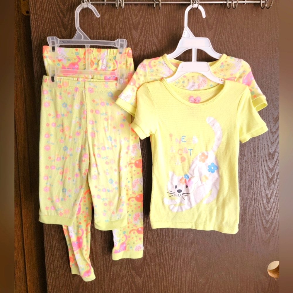 Girls 5 Yellow Cat Print Kids Summer Pajama Set Of 4 UG